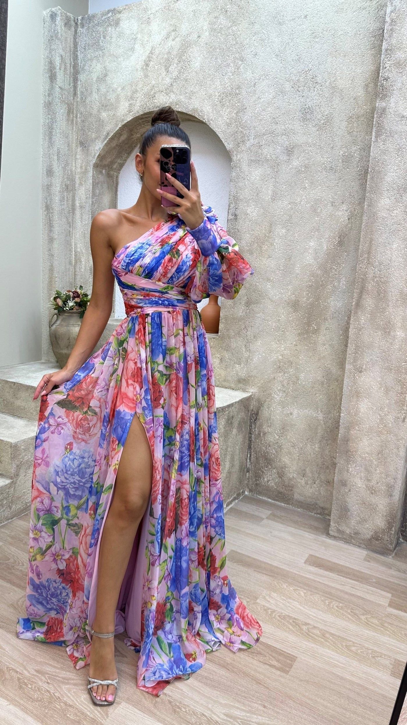 Floral Maxi Dress - One Shoulder High Slit Evening Gown - Women's Formal Dress