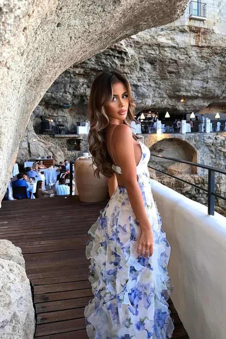 Floral Maxi Dress - White and Blue Floral Print Ruffle Gown - Summer Party Dress - Spaghetti Strap Backless Dress