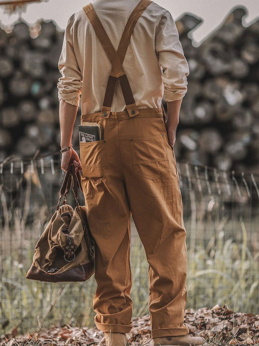 Men's Cotton Overalls Vintage Workwear Style - Tan, Olive, Beige - Adjustable Straps, Multiple Pockets