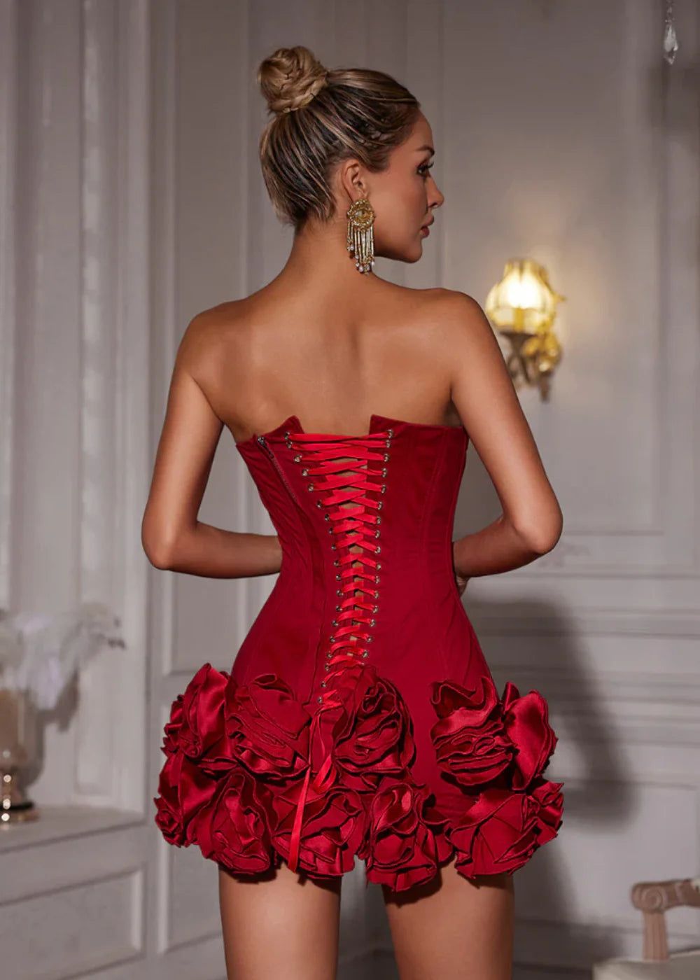 Strapless Corset Ruffle Mini Dress - Red - Fitted - Cocktail Party Dress