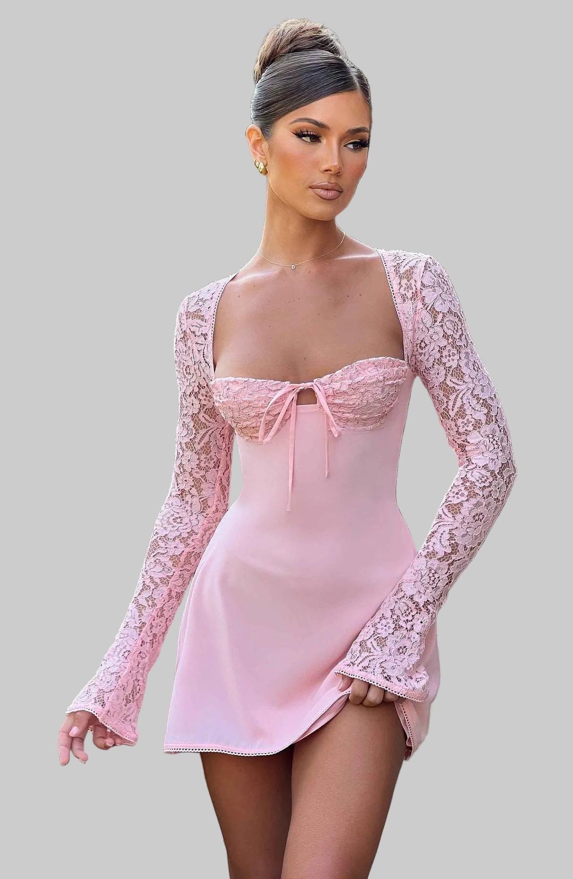 Lace Sleeve Corset Mini Dress - Bodycon Party Cocktail Dress