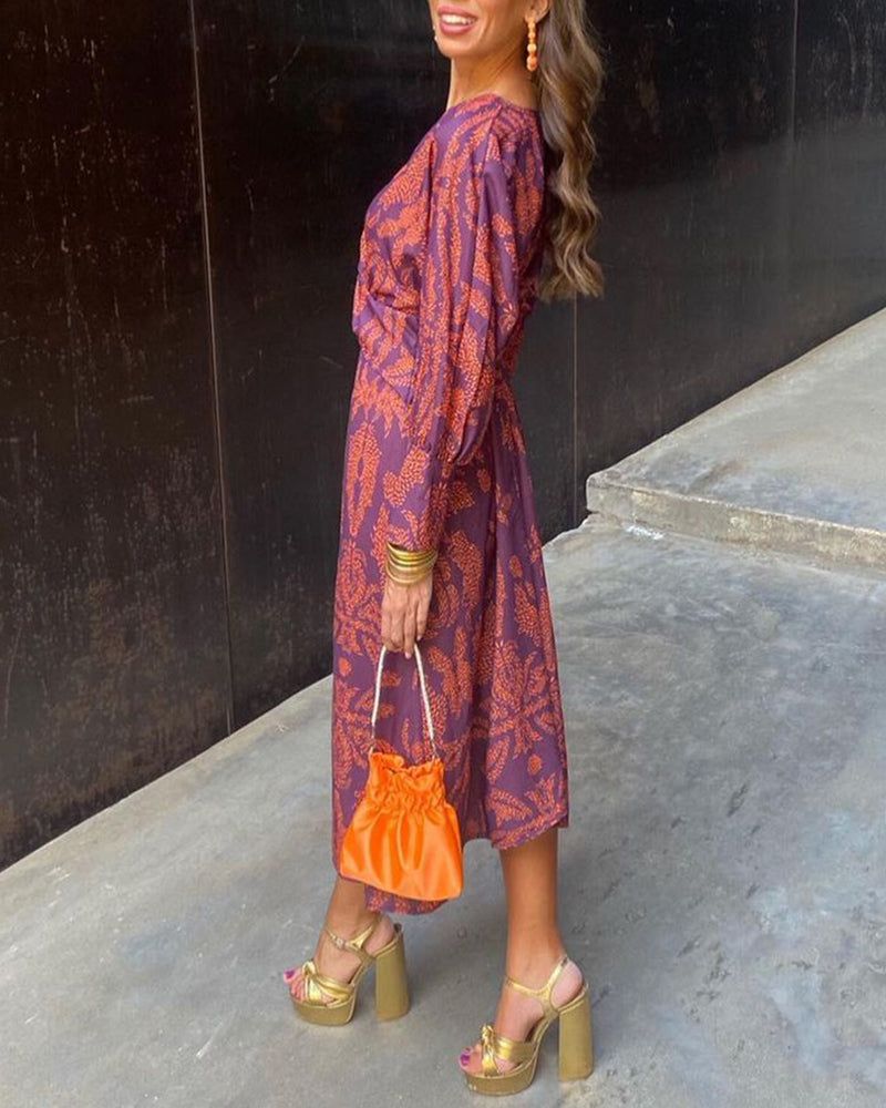 Twist Front Midi Dress - V-Neck Long Sleeve Printed Dress for Women