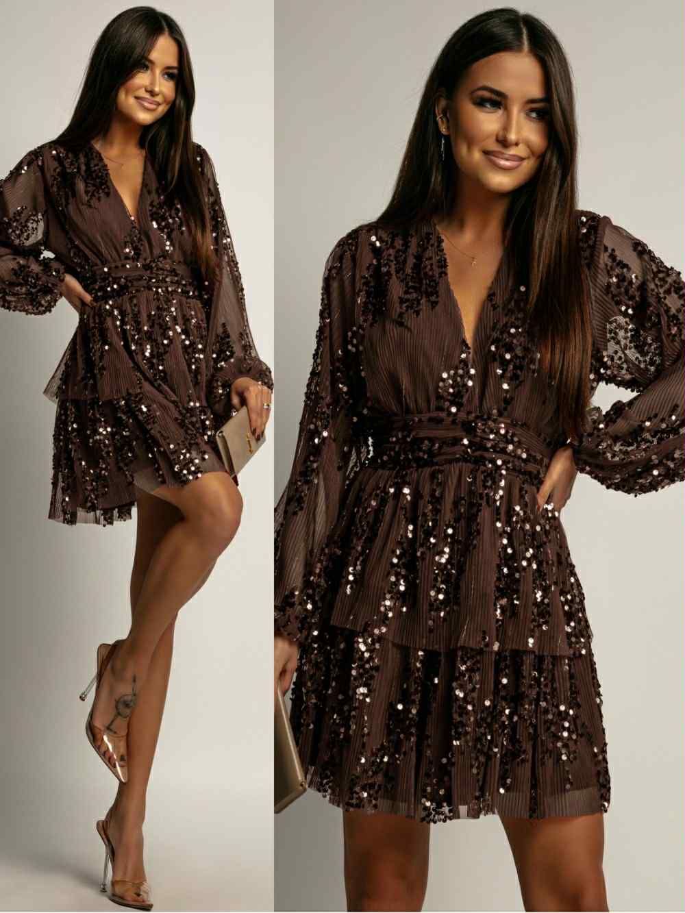 Sequin Tiered Mini Dress - Long Sleeve V-Neck Brown Cocktail Party Dress