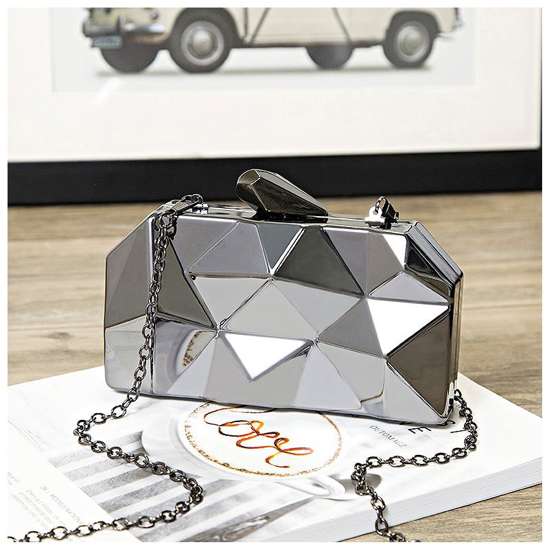 Geometric Clutch Evening Bag, Gold/Silver, Chain Strap, Party Wedding Prom, Box Clutch