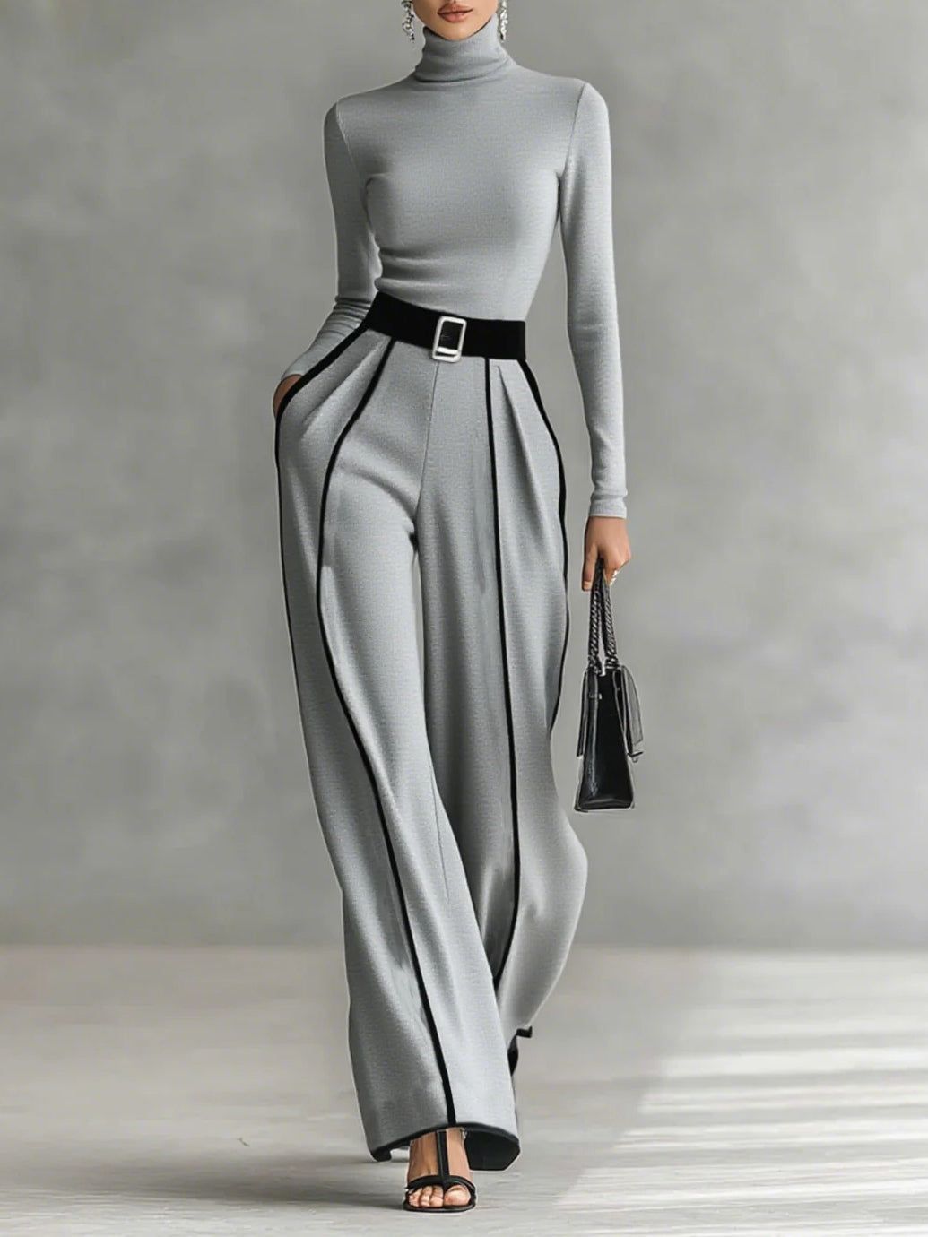 Women's Pant Set - Turtleneck Long Sleeve Top & Wide Leg Pants with Belt - Black/Gray - Elegant Style