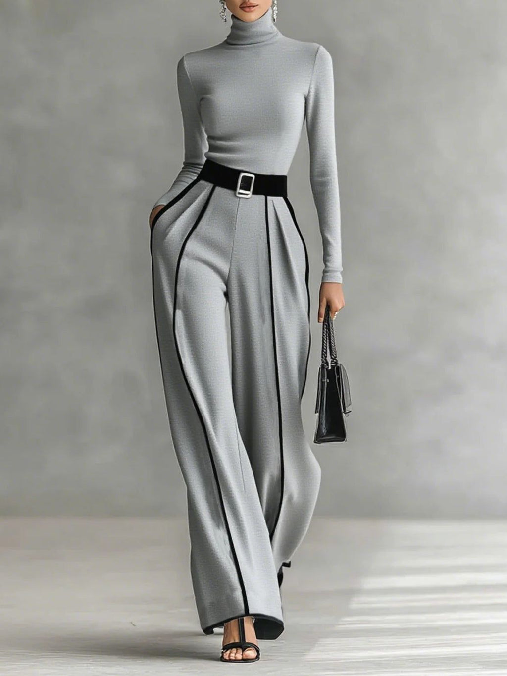 Women's Pant Set - Turtleneck Long Sleeve Top & Wide Leg Pants with Belt - Black/Gray - Elegant Style