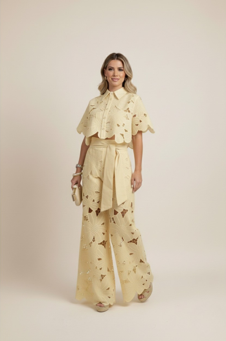 Floral Lace Two-Piece Set: Cropped Shirt & Wide Leg Pants - Women's Matching Outfit