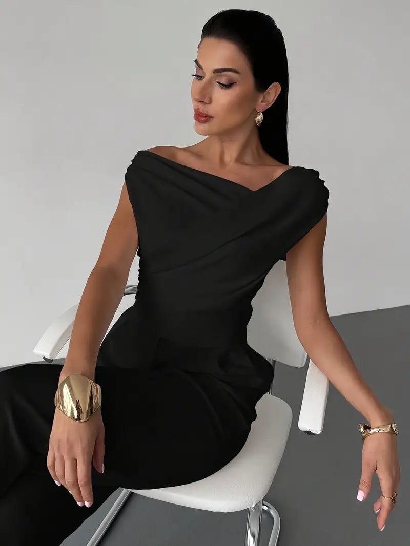 Off-Shoulder Wrap Top - Elegant Sleeveless Blouse, Available in White, Black, Red