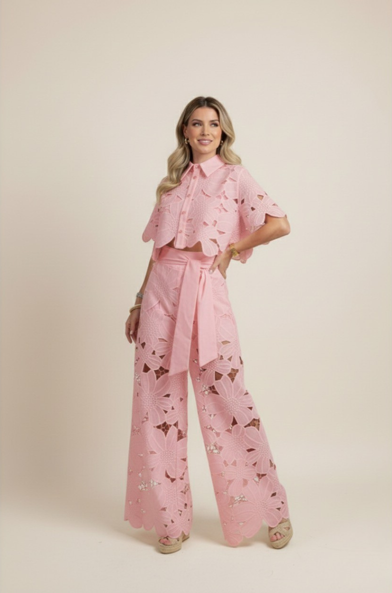 Floral Lace Two-Piece Set: Cropped Shirt & Wide Leg Pants - Women's Matching Outfit