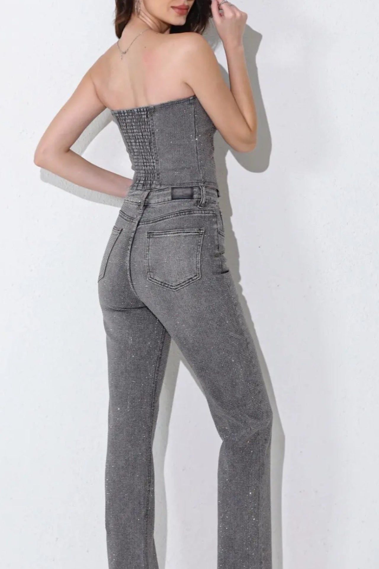 Denim Corset & Pants Set Rhinestone Embellished Gray Women's Fashion