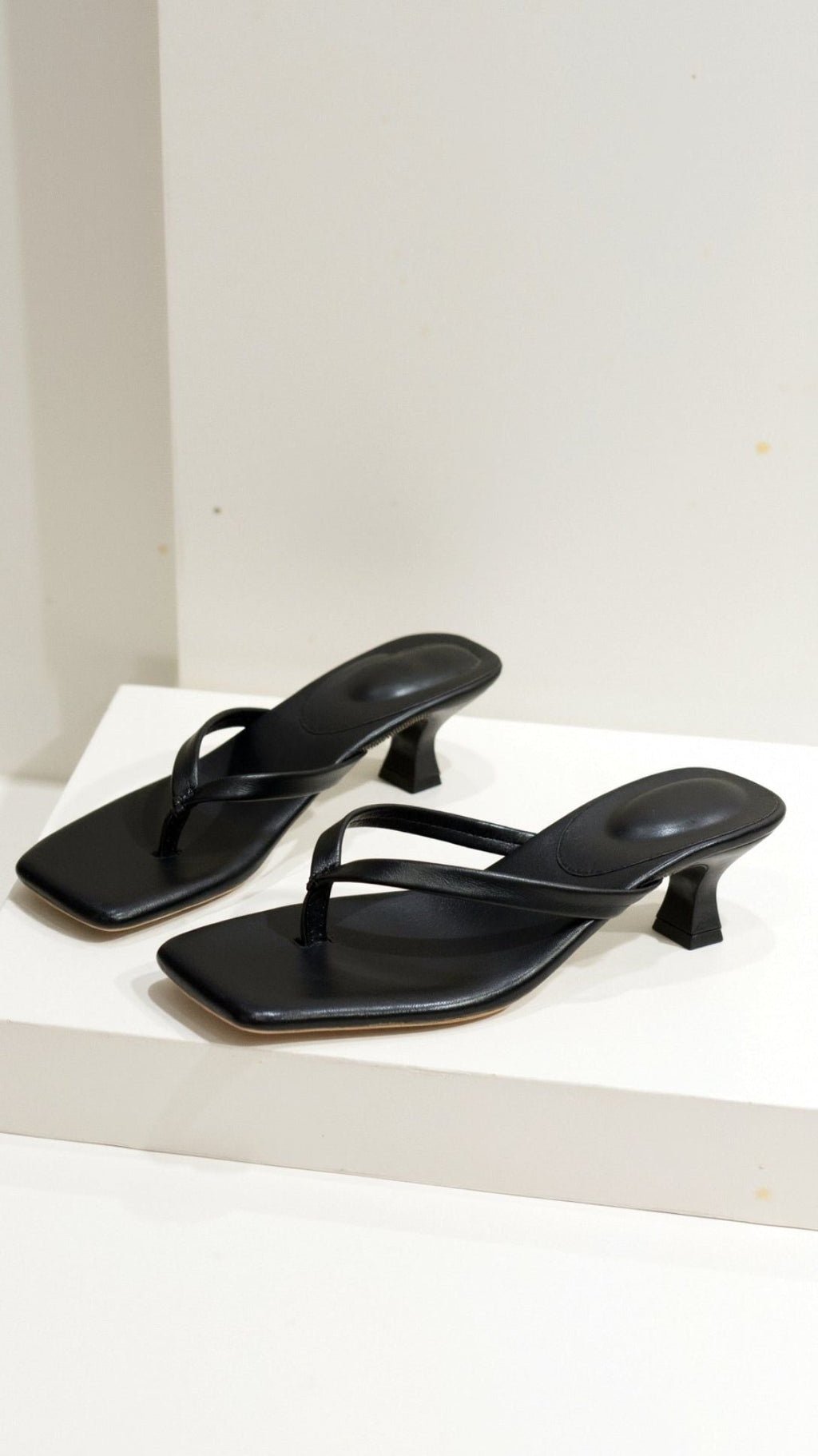 Square Toe Thong Heel Sandals - Leather Kitten Heel Mules for Women