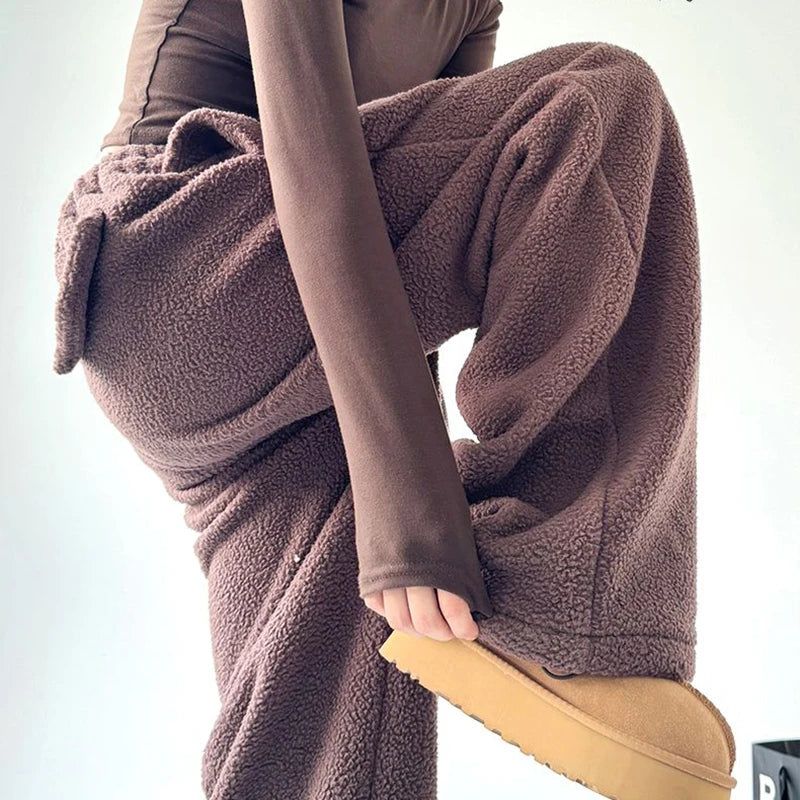 Wide Leg Sherpa Fleece Lounge Pants for Women with Drawstring - Relaxed Fit, Comfortable, Soft